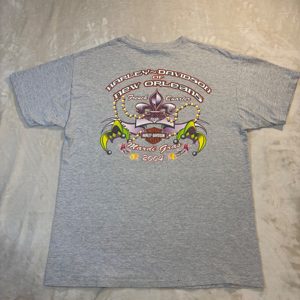 Harley Davidson New Orleans Mardi Gras 2004 T-Shirt Mens L Gray French Quarter